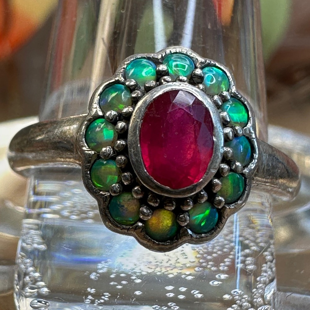 Women Statement Ring Size 6 Silver 925 Red Green Ruby Fire Opal Victorian